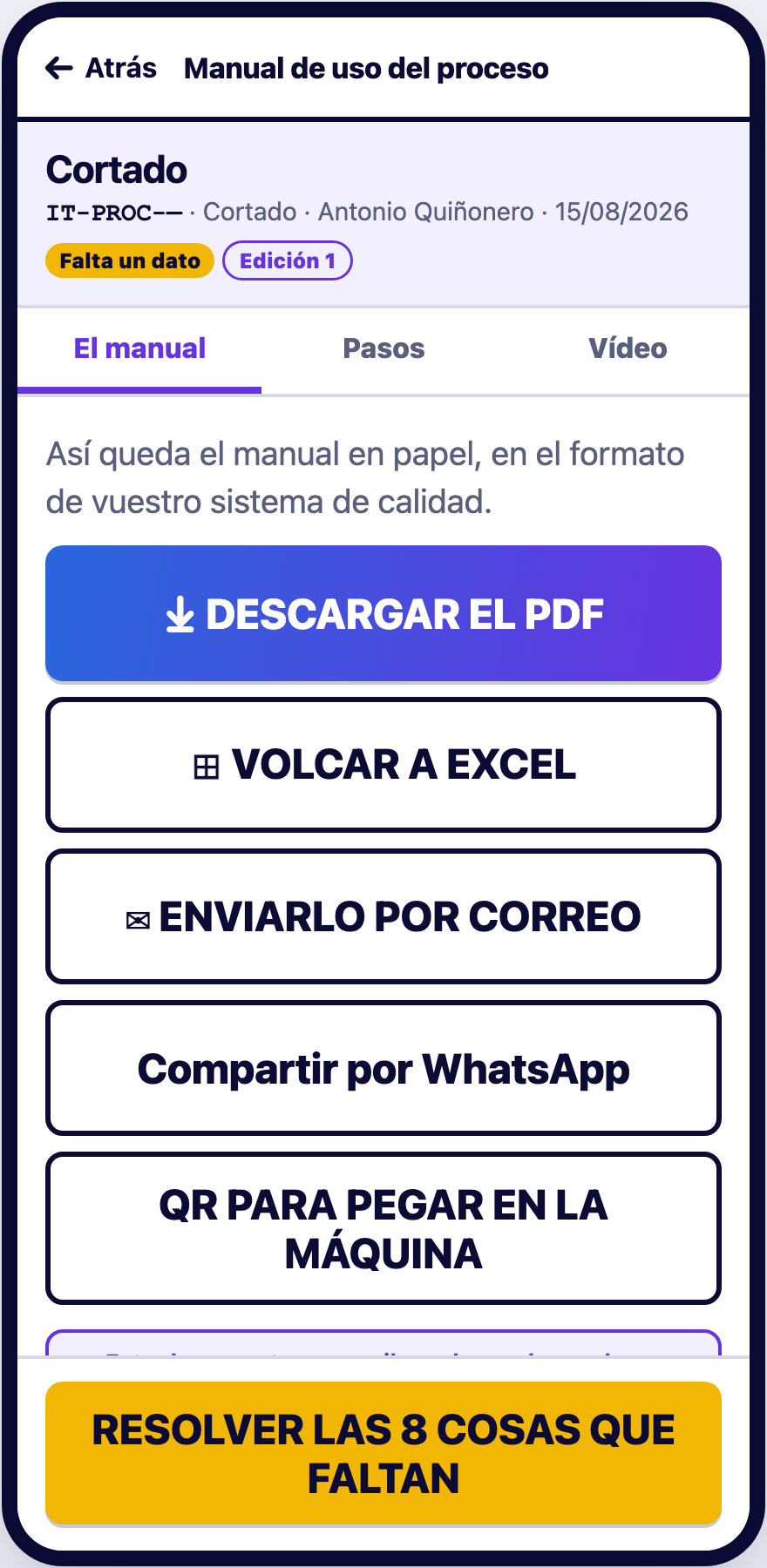 El manual terminado con PDF, Excel y QR
